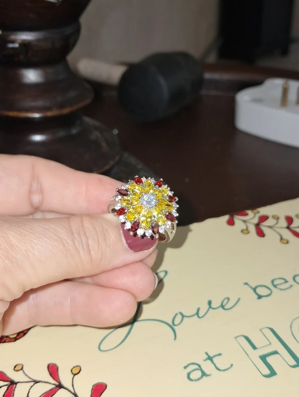 Yellow and Red  Australian Crystals Multi-Stone Floral Cocktail Ring
